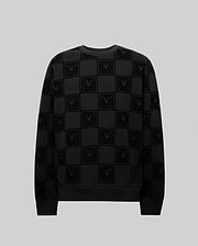Mens Gio All Over Flock Crew, a black relaxed-fit jersey crewneck sweatshirt featuring an all-over tonal flocked checkerboard pattern of the iconic Psycho Bunny skull logo and stylized text.