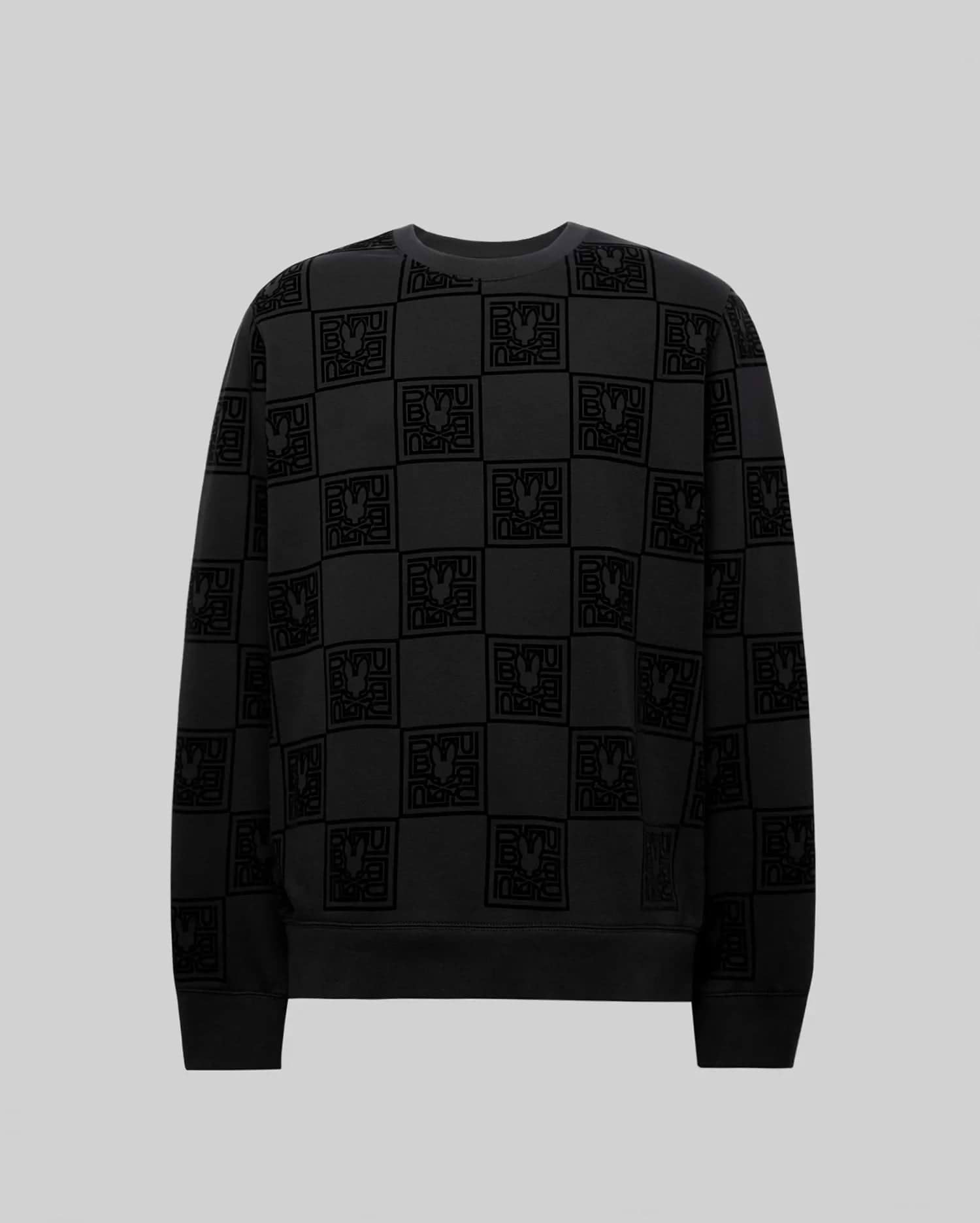 Mens Gio All Over Flock Crew, a black relaxed-fit jersey crewneck sweatshirt featuring an all-over tonal flocked checkerboard pattern of the iconic Psycho Bunny skull logo and stylized text.