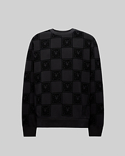Mens Gio All Over Flock Crew, a black relaxed-fit jersey crewneck sweatshirt featuring an all-over tonal flocked checkerboard pattern of the iconic Psycho Bunny skull logo and stylized text.