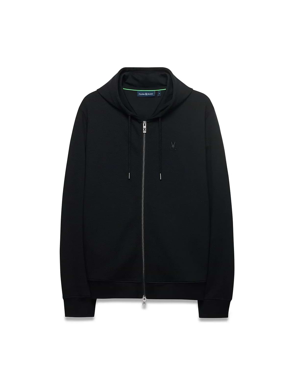Mens Marc Textured Full Zip Hoodie in black, featuring a classic fit, textured diamond knit fabric, full zip, drawstring hood, small embroidered Psycho Bunny skull logo on left chest, and neon green collar trim.