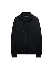 Mens Marc Textured Full Zip Hoodie in black, featuring a classic fit, textured diamond knit fabric, full zip, drawstring hood, small embroidered Psycho Bunny skull logo on left chest, and neon green collar trim.