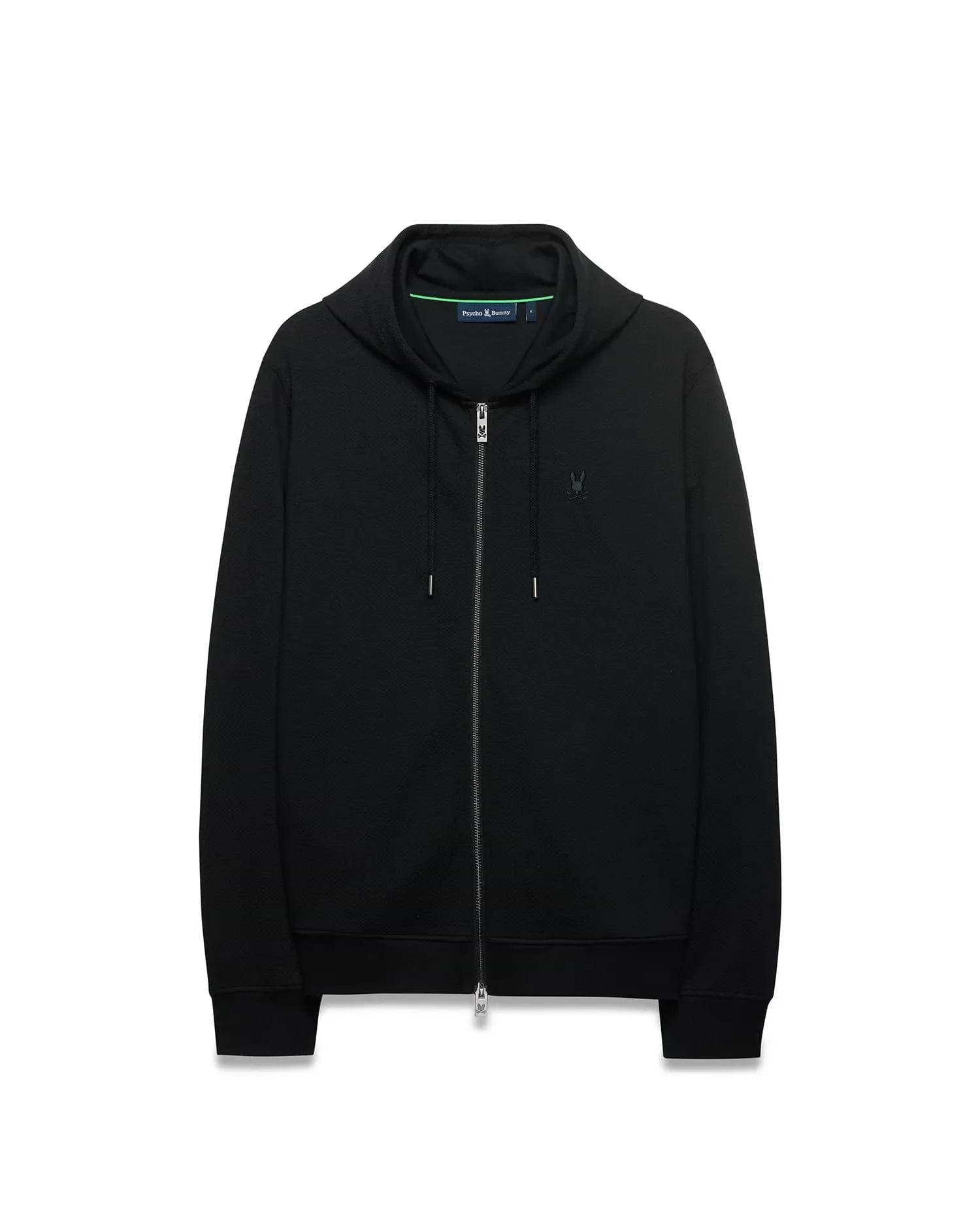 Mens Marc Textured Full Zip Hoodie in black, featuring a classic fit, textured diamond knit fabric, full zip, drawstring hood, small embroidered Psycho Bunny skull logo on left chest, and neon green collar trim.