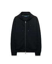 Mens Marc Textured Full Zip Hoodie in black, featuring a classic fit, textured diamond knit fabric, full zip, drawstring hood, small embroidered Psycho Bunny skull logo on left chest, and neon green collar trim.