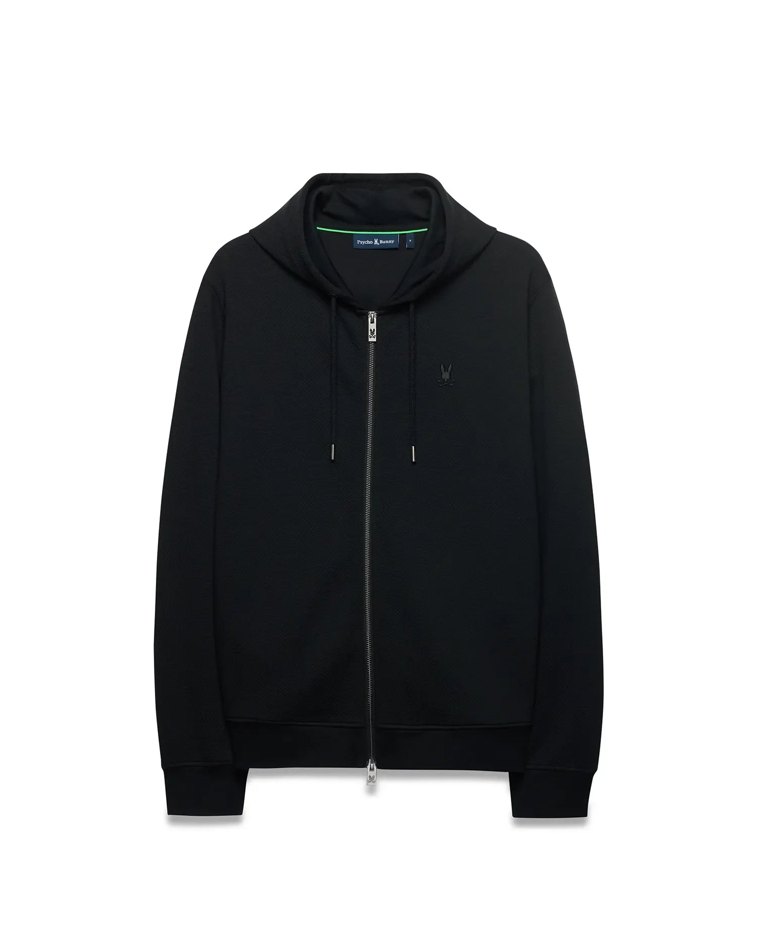 Mens Marc Textured Full Zip Hoodie in black, featuring a classic fit, textured diamond knit fabric, full zip, drawstring hood, small embroidered Psycho Bunny skull logo on left chest, and neon green collar trim.