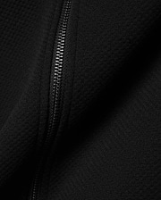 Mens Marc Textured Full Zip Hoodie in deep black, showcasing its refined waffle knit fabric texture and a sleek, dark metallic full-length zipper detail.