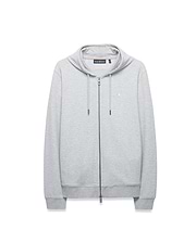 Mens Marc Textured Full Zip Hoodie in light grey, featuring a textured knit, full zip, drawstring hood, orange neck tape, ribbed cuffs, and a white embroidered Psycho Bunny skull logo on left chest.