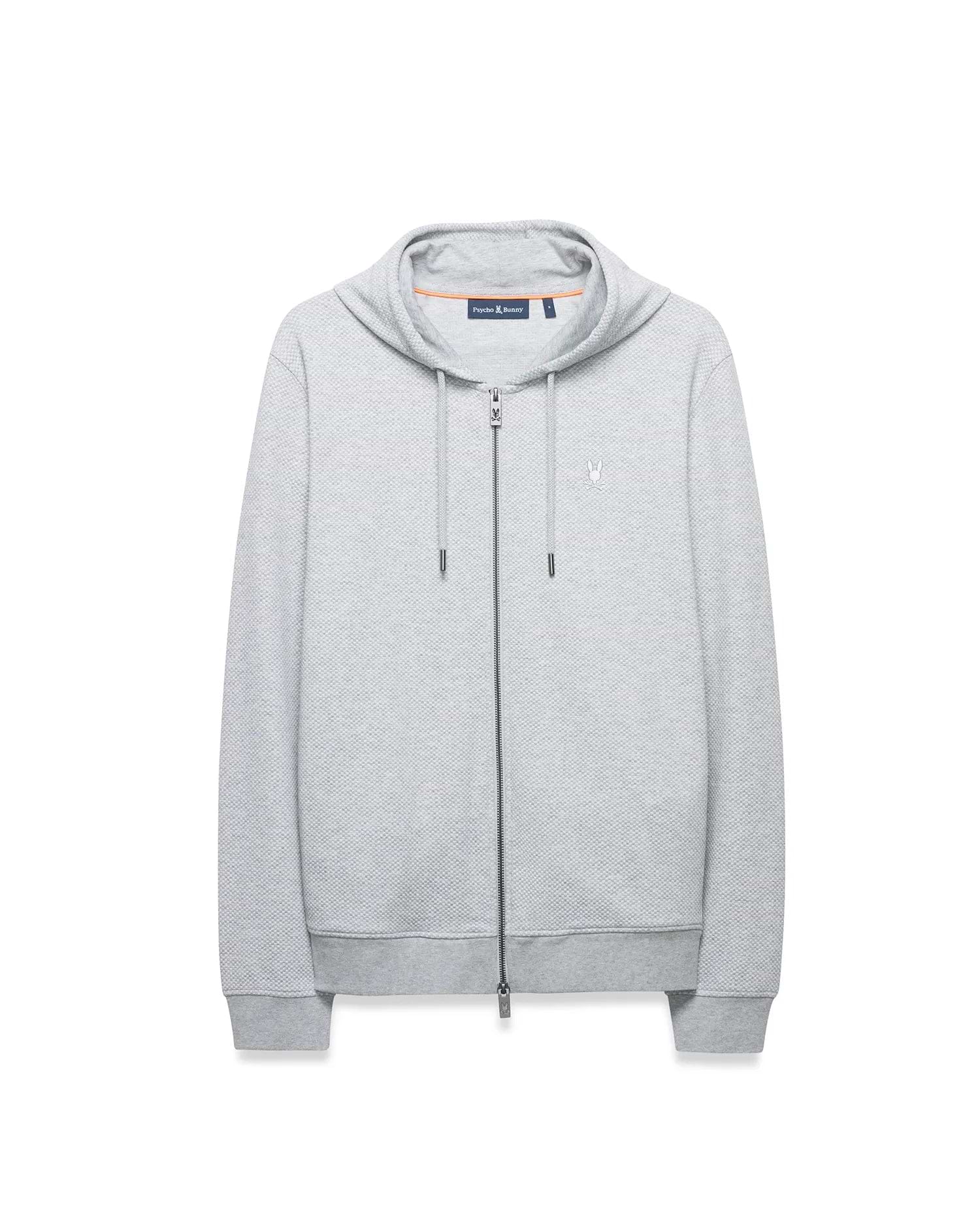 Mens Marc Textured Full Zip Hoodie in light grey, featuring a textured knit, full zip, drawstring hood, orange neck tape, ribbed cuffs, and a white embroidered Psycho Bunny skull logo on left chest.