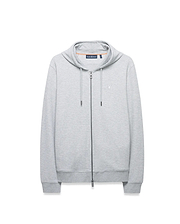 Mens Marc Textured Full Zip Hoodie in light grey, featuring a textured knit, full zip, drawstring hood, orange neck tape, ribbed cuffs, and a white embroidered Psycho Bunny skull logo on left chest.