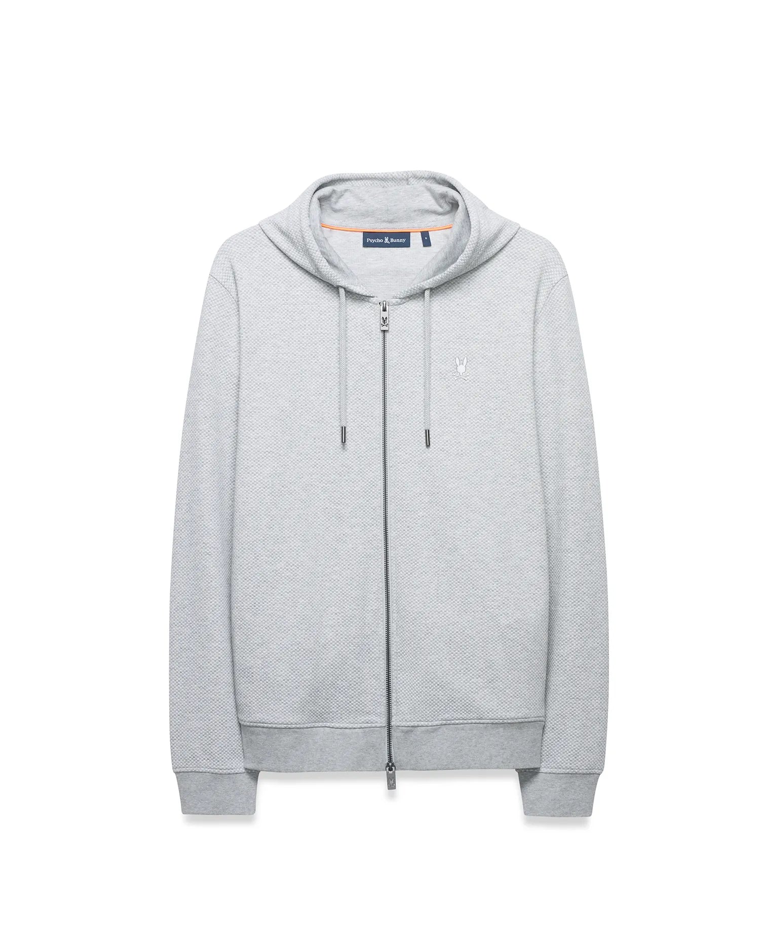 Mens Marc Textured Full Zip Hoodie in light grey, featuring a textured knit, full zip, drawstring hood, orange neck tape, ribbed cuffs, and a white embroidered Psycho Bunny skull logo on left chest.