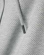 Mens Marc Textured Full Zip Hoodie in light grey with a distinct checkered knit pattern, featuring a dark zipper and a drawstring with an engraved Psycho Bunny metallic tip.