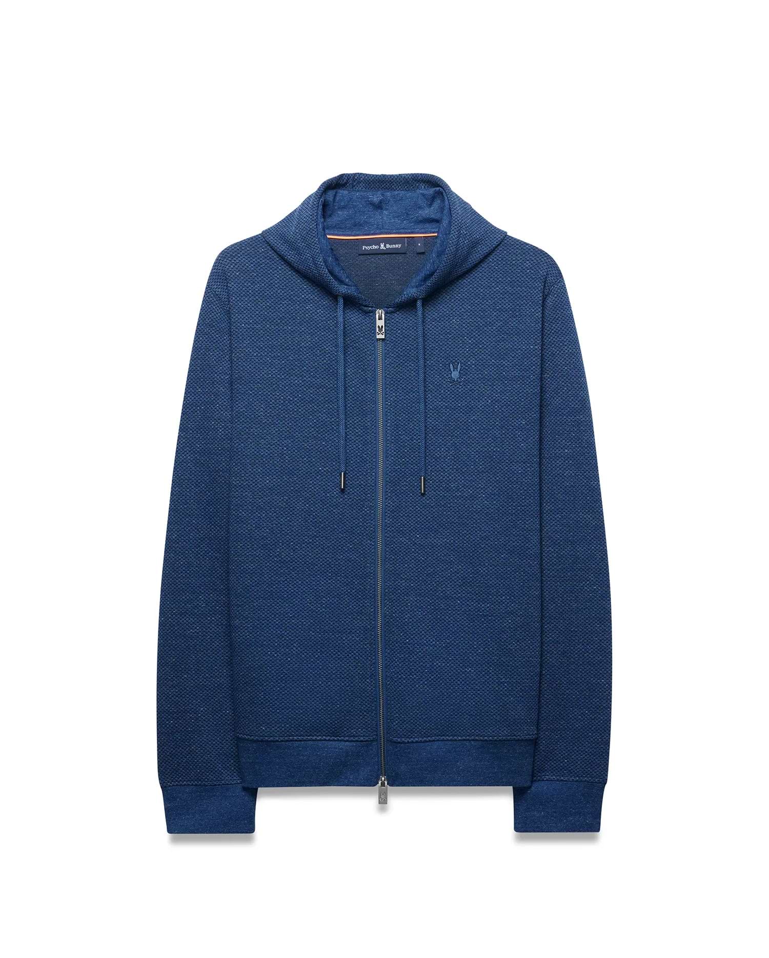 Mens Marc Textured Full Zip Hoodie, deep blue, classic fit, pique knit, full zip, hood with drawstring, ribbed cuffs/hem, small embroidered Psycho Bunny skull logo on left chest.