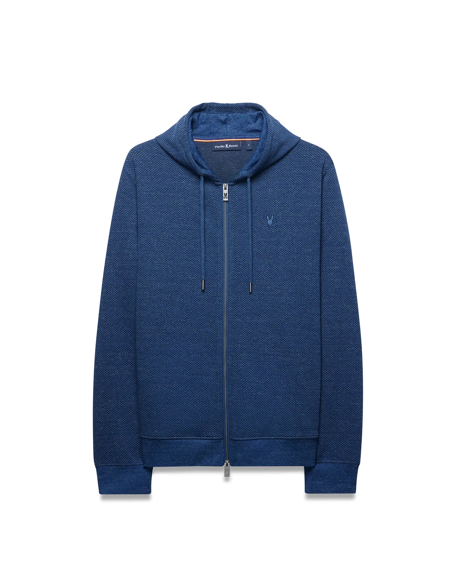 Mens Marc Textured Full Zip Hoodie, deep blue, classic fit, pique knit, full zip, hood with drawstring, ribbed cuffs/hem, small embroidered Psycho Bunny skull logo on left chest.
