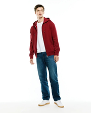 Mens Marc Textured Full Zip Hoodie in deep red, featuring a classic fit, subtle textured knit fabric, full zip closure with gold hardware, and a small embroidered Psycho Bunny skull logo on the left chest.
