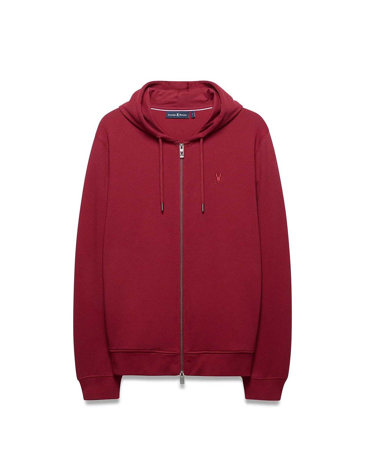 Mens Marc Textured Full Zip Hoodie in burgundy, classic fit, textured knit, full silver zipper with logo pull, drawstring hood, and small embroidered Psycho Bunny skull on left chest.