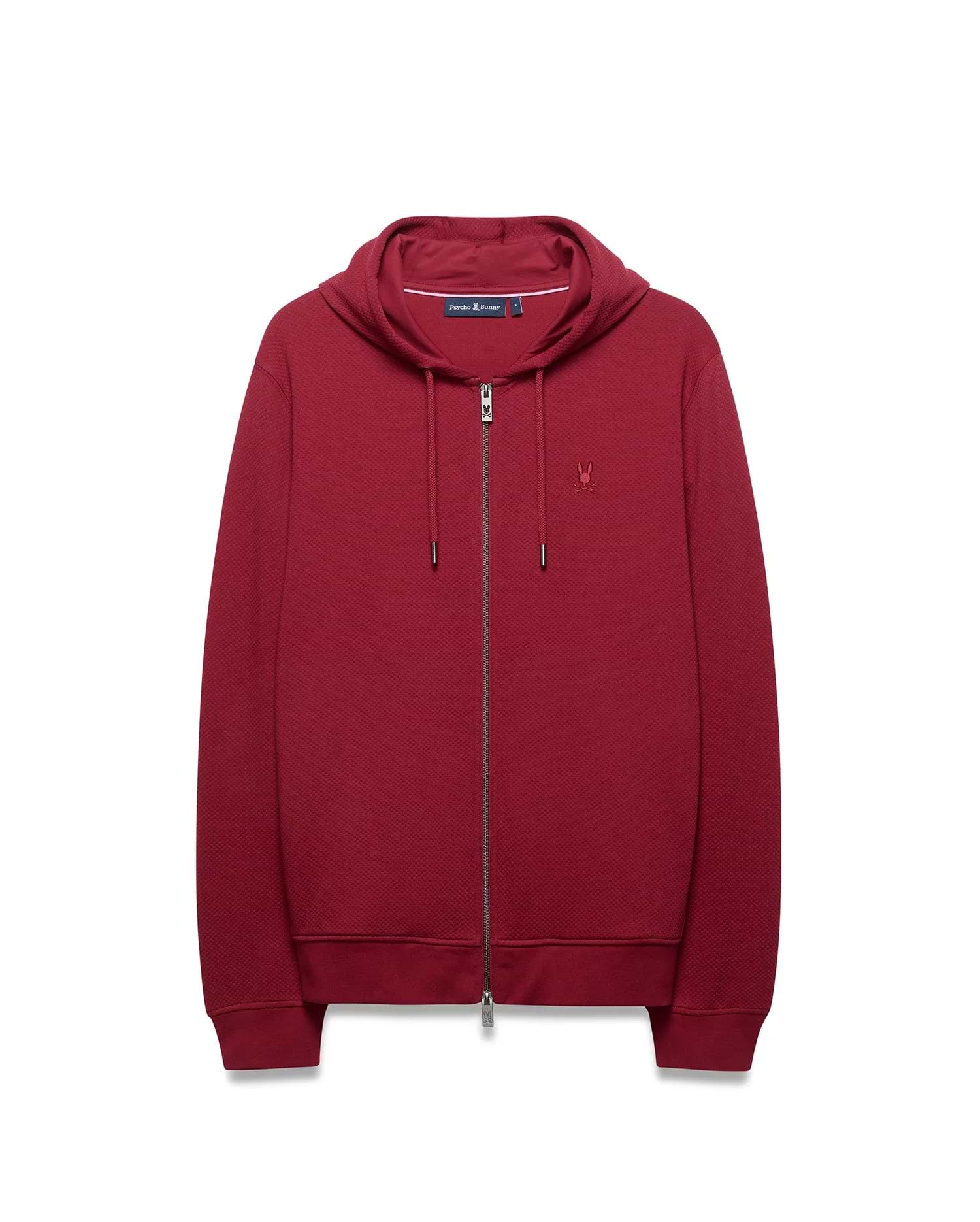 Mens Marc Textured Full Zip Hoodie in burgundy, classic fit, textured knit, full silver zipper with logo pull, drawstring hood, and small embroidered Psycho Bunny skull on left chest.
