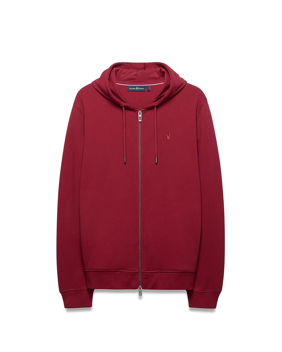 Mens Marc Textured Full Zip Hoodie in burgundy, classic fit, textured knit, full silver zipper with logo pull, drawstring hood, and small embroidered Psycho Bunny skull on left chest.