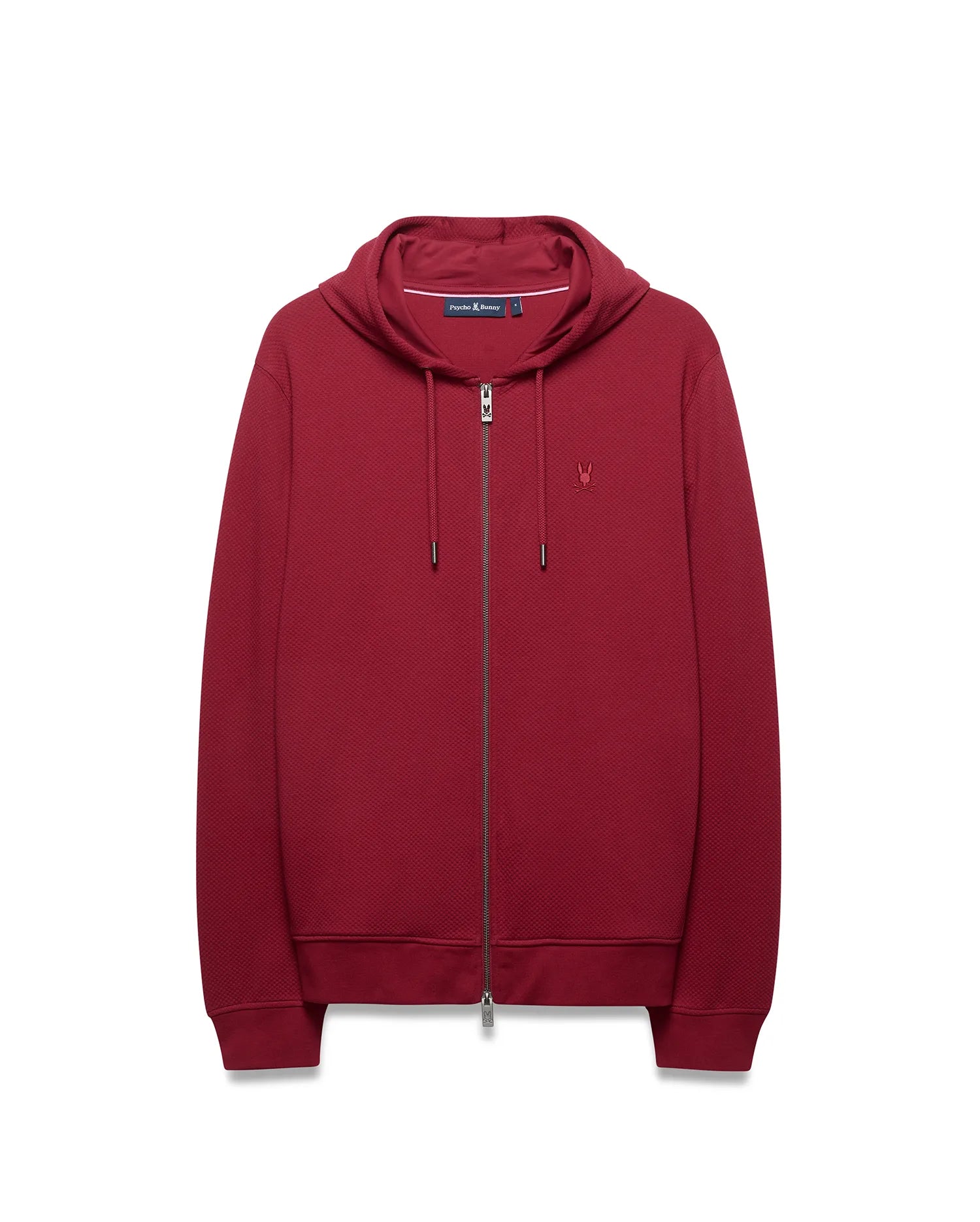 Mens Marc Textured Full Zip Hoodie in burgundy, classic fit, textured knit, full silver zipper with logo pull, drawstring hood, and small embroidered Psycho Bunny skull on left chest.