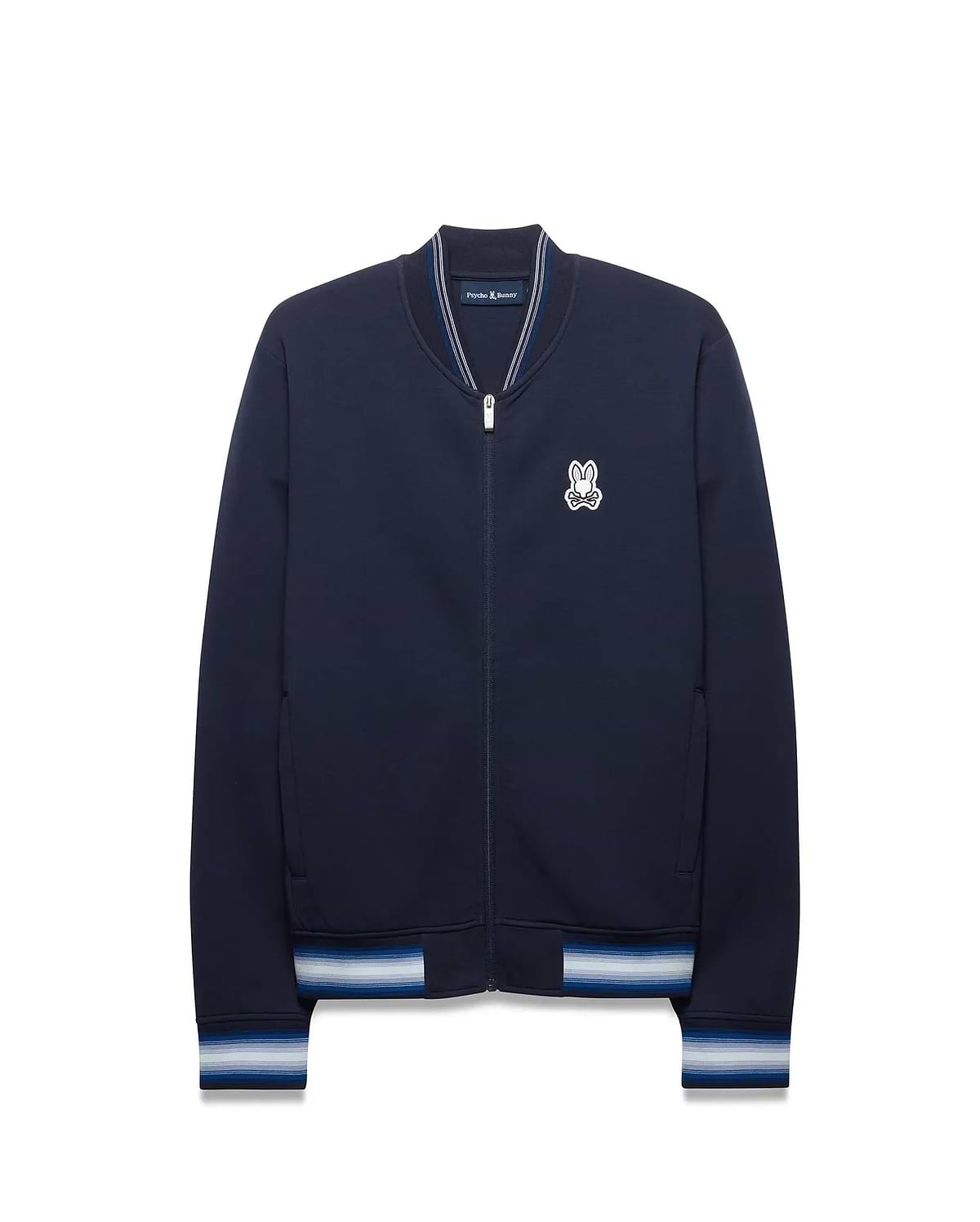 Mens Jaydon Track Jacket in navy, featuring a classic fit, smooth jersey fabric, embroidered white Psycho Bunny skull logo on the left chest, and striped ribbed collar, cuffs, and hem in white and blue. (5)