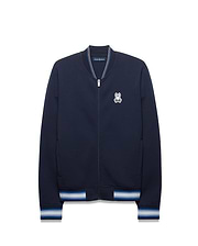 Mens Jaydon Track Jacket in navy, featuring a classic fit, smooth jersey fabric, embroidered white Psycho Bunny skull logo on the left chest, and striped ribbed collar, cuffs, and hem in white and blue. (5)