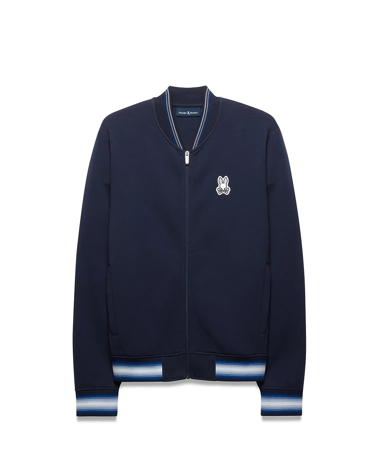 Mens Jaydon Track Jacket in navy, featuring a classic fit, smooth jersey fabric, embroidered white Psycho Bunny skull logo on the left chest, and striped ribbed collar, cuffs, and hem in white and blue. (5)