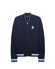 Mens Jaydon Track Jacket in navy, featuring a classic fit, smooth jersey fabric, embroidered white Psycho Bunny skull logo on the left chest, and striped ribbed collar, cuffs, and hem in white and blue. (5)