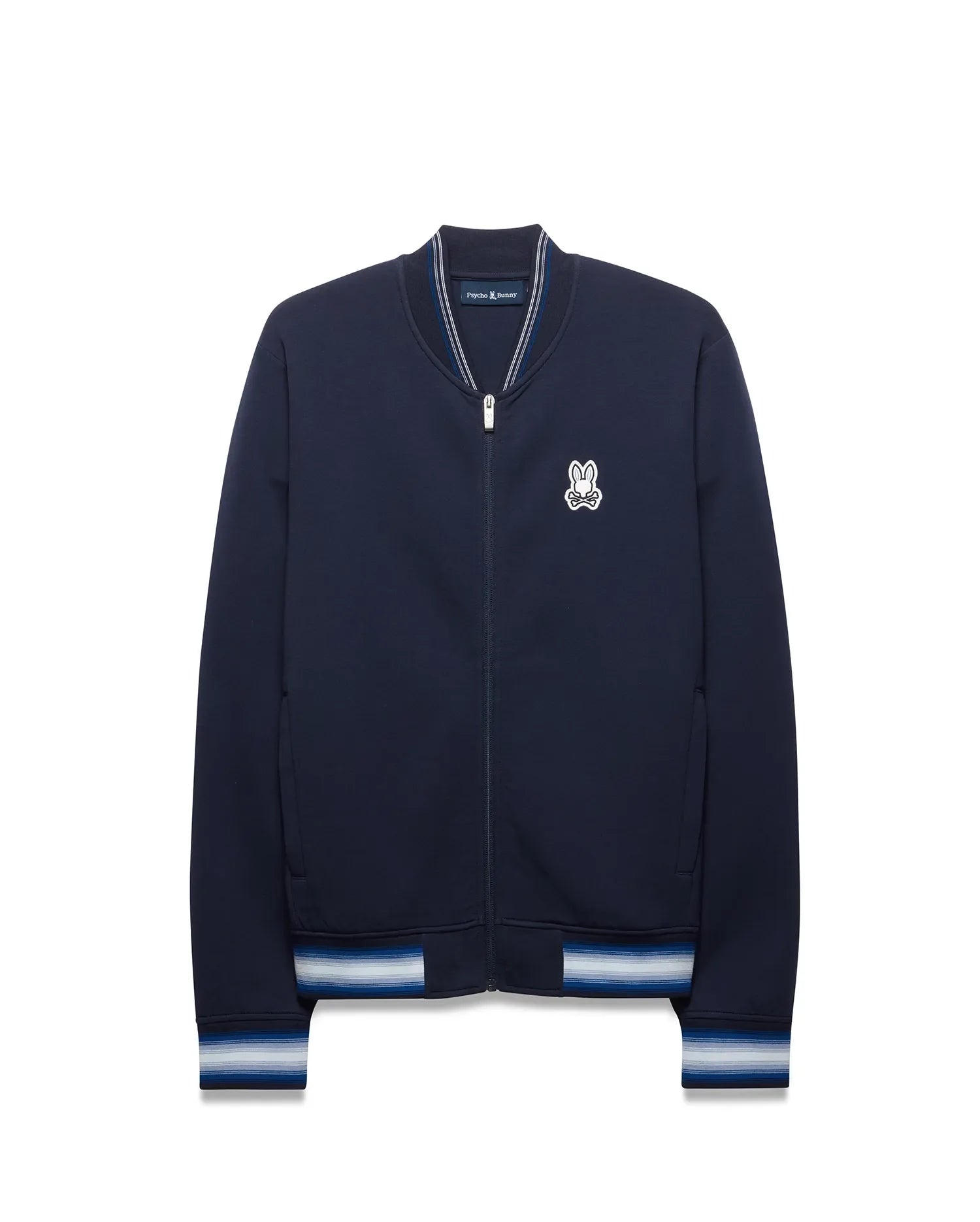 Mens Jaydon Track Jacket in navy, featuring a classic fit, smooth jersey fabric, embroidered white Psycho Bunny skull logo on the left chest, and striped ribbed collar, cuffs, and hem in white and blue. (5)