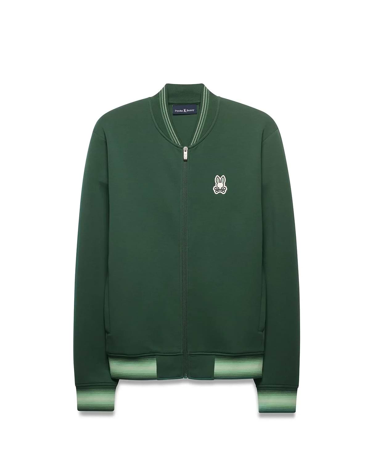 Mens Jaydon Track Jacket in forest green, featuring a full-zip closure, classic fit, smooth knit fabric, and a small embroidered white Psycho Bunny skull logo on the left chest. Ribbed collar and cuffs have light green stripes. (7)