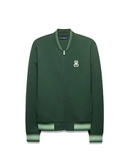 Mens Jaydon Track Jacket in forest green, featuring a full-zip closure, classic fit, smooth knit fabric, and a small embroidered white Psycho Bunny skull logo on the left chest. Ribbed collar and cuffs have light green stripes. (7)