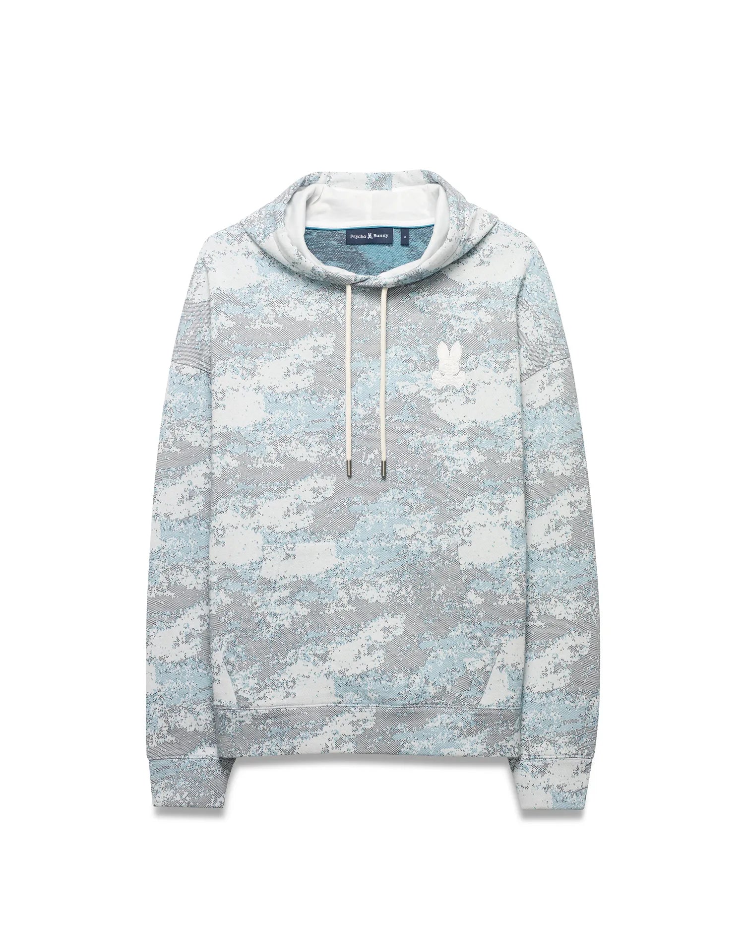 Men's Alfie All-Over Print Hoodie, a relaxed fit light blue, grey, and white digital camouflage print hoodie with a drawstring hood, kangaroo pocket, and small white embroidered Psycho Bunny skull logo on the left chest. (5)