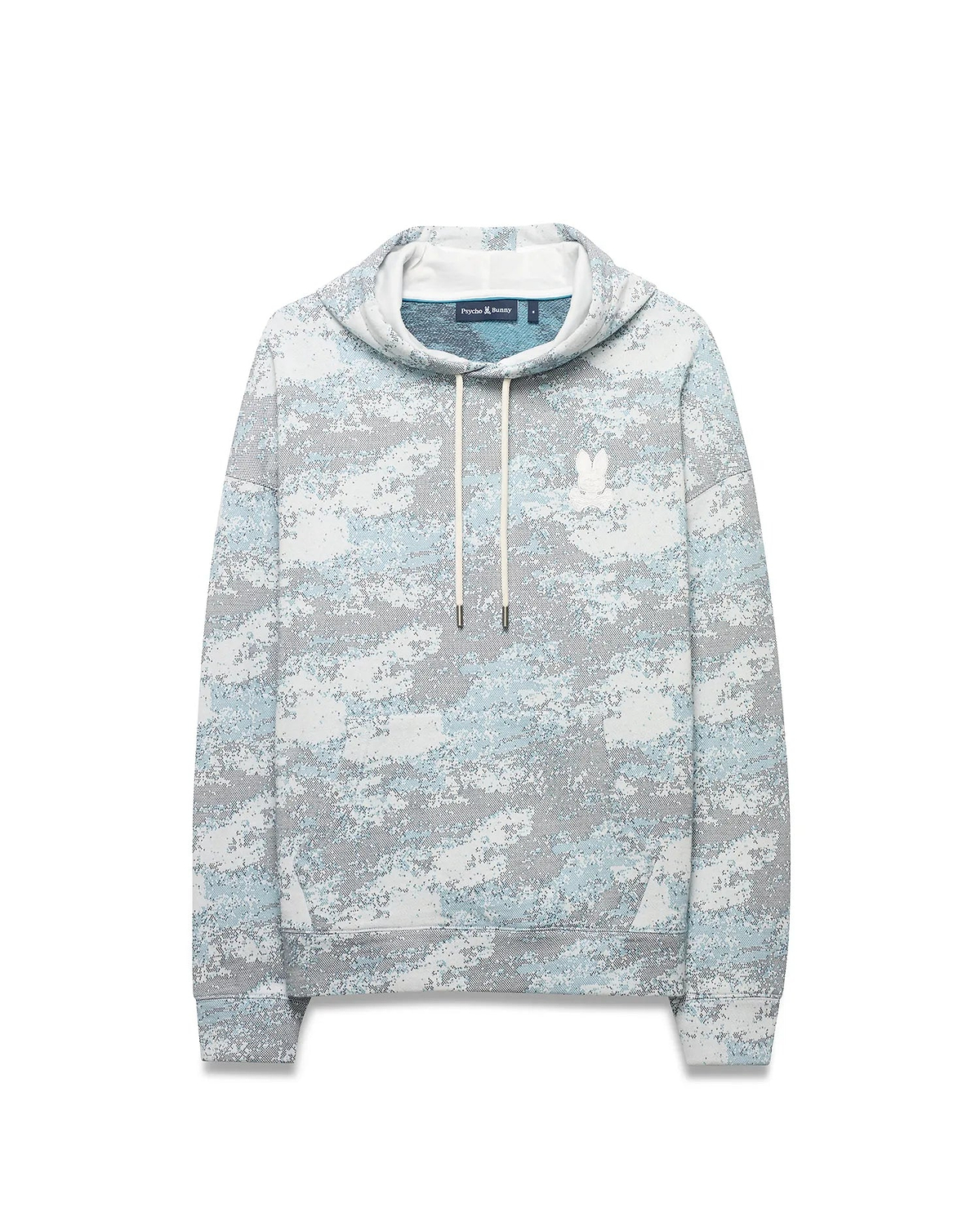 Men's Alfie All-Over Print Hoodie, a relaxed fit light blue, grey, and white digital camouflage print hoodie with a drawstring hood, kangaroo pocket, and small white embroidered Psycho Bunny skull logo on the left chest. (5)