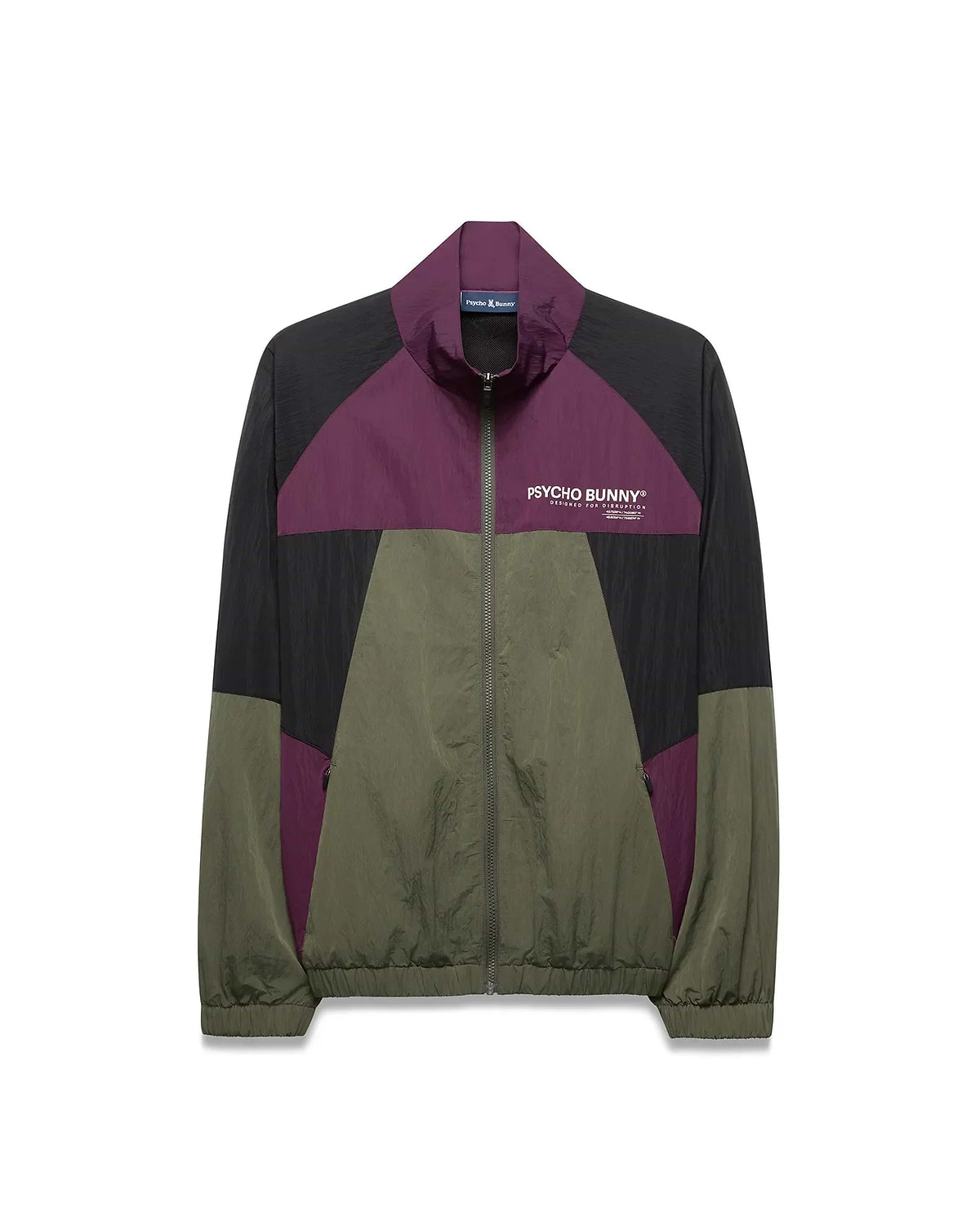 Mens Alder Nylon Colorblock Jacket, a relaxed fit full-zip crinkled nylon jacket in black, purple, and olive green colorblock, with a white Psycho Bunny Designed For Disruption text logo on the left chest.