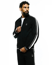 Mens Ceano Track Jacket in black smooth knit, featuring a classic fit, full zip, double white stripes on sleeves, ribbed cuffs and hem, and a small embroidered white Psycho Bunny skull logo on the left chest.