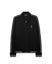 Mens Ceano Track Jacket, black smooth knit with a classic fit, featuring white double stripes on raglan sleeves, ribbed collar, cuffs, and hem, and a small embroidered white Psycho Bunny skull logo on the left chest.