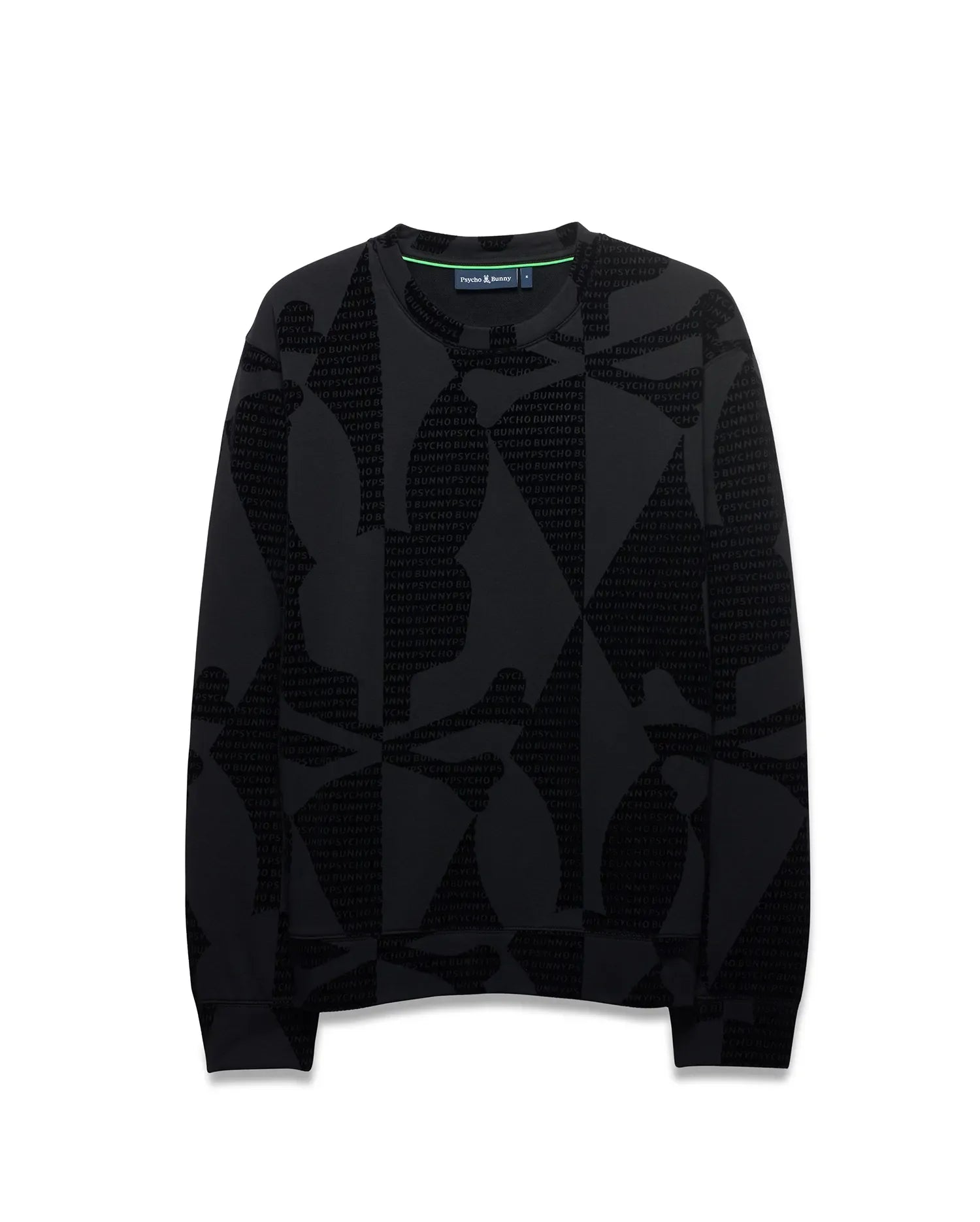 Angus Oversized Crewneck in black jersey, featuring a subtle tonal all-over print of the Psycho Bunny logo and text, with a vibrant green neck tape. (5)