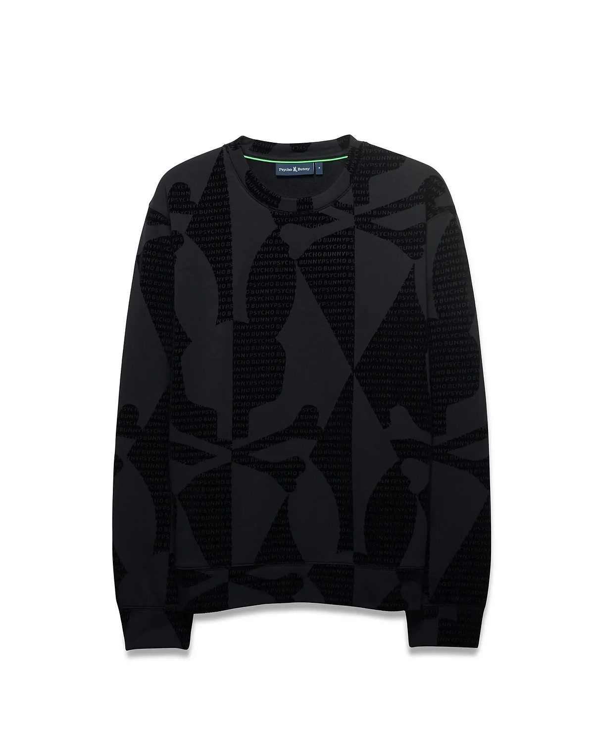 Angus Oversized Crewneck in black jersey, featuring a subtle tonal all-over print of the Psycho Bunny logo and text, with a vibrant green neck tape. (5)