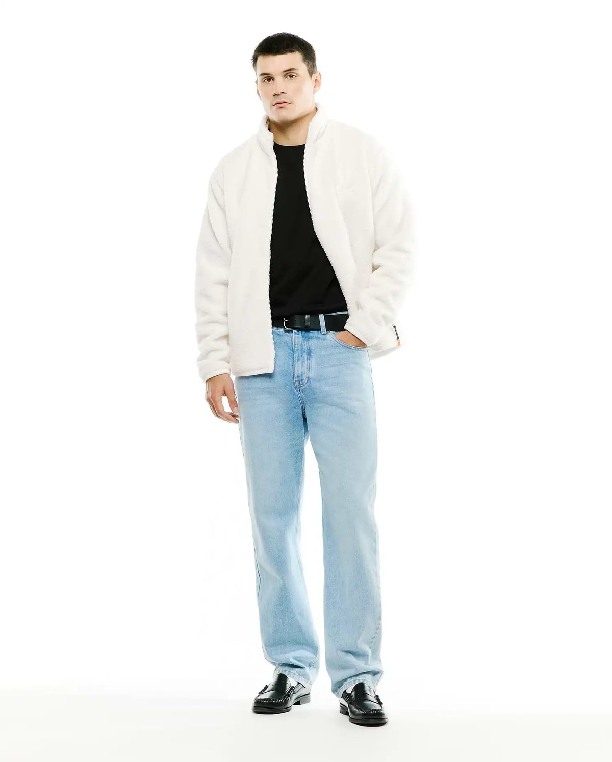 Men's Rowley Sherpa Zip Jacket, white plush sherpa fleece, relaxed fit, full-zip, stand collar, small embroidered Psycho Bunny skull chest logo, and orange sleeve cuff stripe. (4)