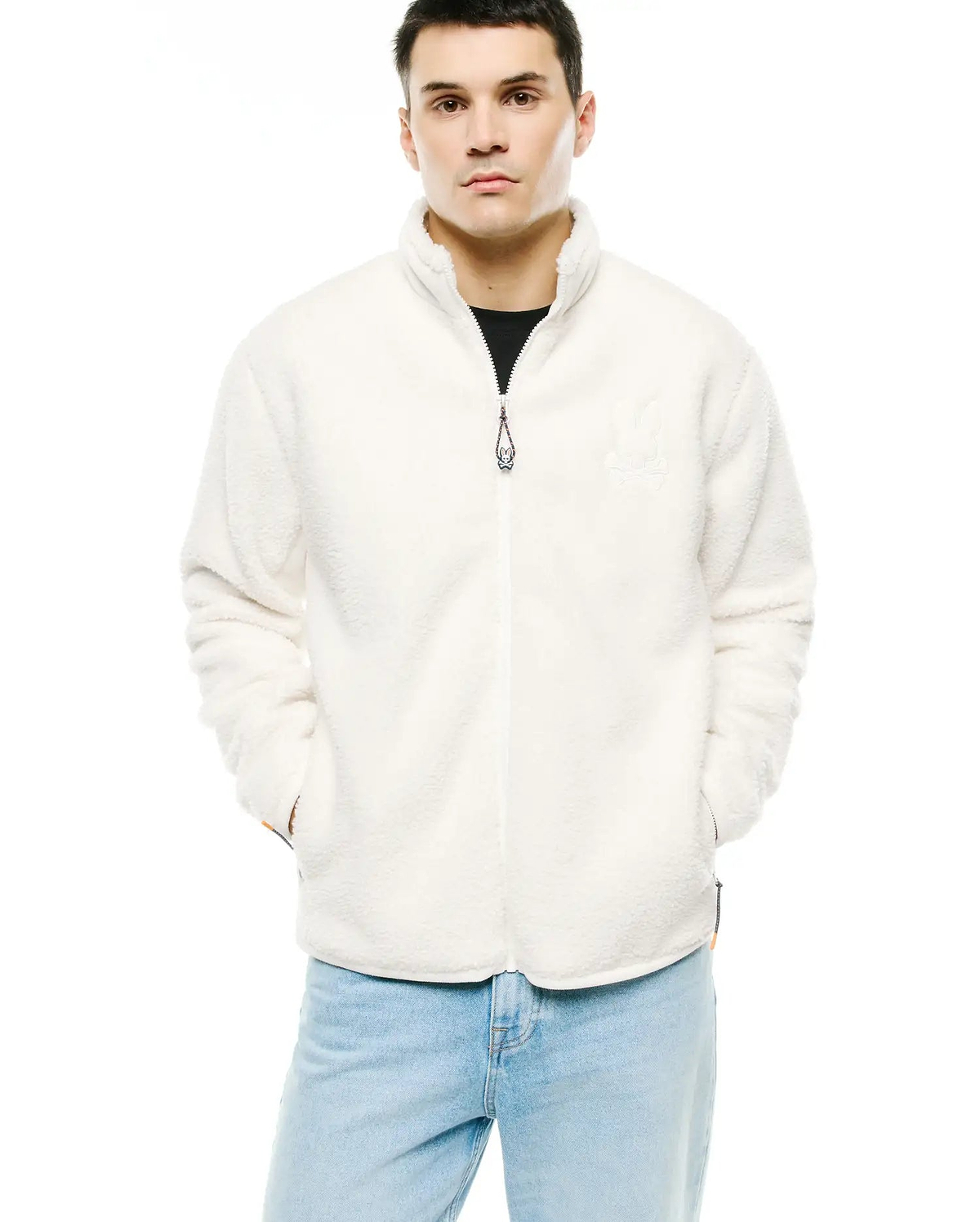 Off-white Men's Rowley Sherpa Zip Jacket, relaxed-fit sherpa fleece with full-zip, stand-up collar, embroidered left chest Psycho Bunny skull logo, and multicolor braided zipper pull. (3)
