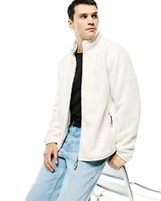 MEN'S ROWLEY SHERPA ZIP JACKET, a cream sherpa fleece full-zip jacket with a stand collar, small tonal embroidered Psycho Bunny skull logo on the left chest, and branded zipper pulls. (1)