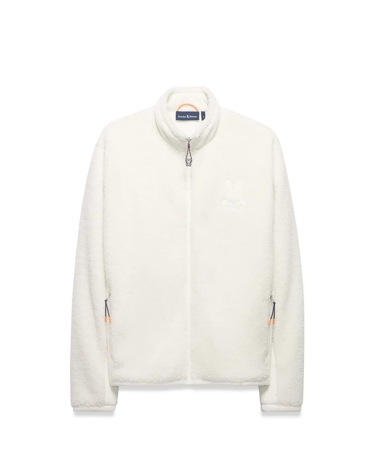 Men's Rowley Sherpa Zip Jacket, a cream-colored full-zip jacket with a soft sherpa texture, features a large embroidered Psycho Bunny skull logo on the left chest and orange/navy accent zipper pulls. (5)
