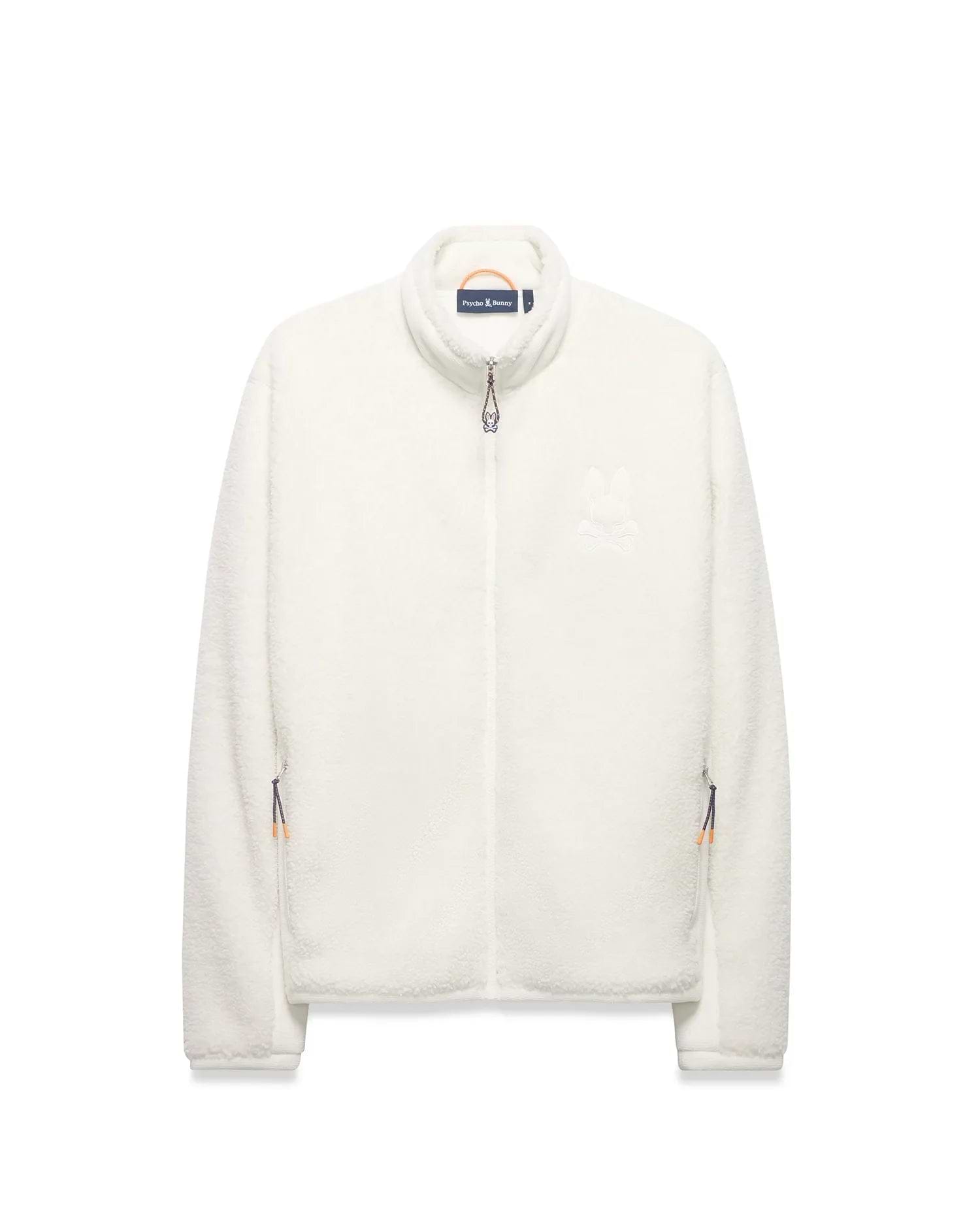 Men's Rowley Sherpa Zip Jacket, a cream-colored full-zip jacket with a soft sherpa texture, features a large embroidered Psycho Bunny skull logo on the left chest and orange/navy accent zipper pulls. (5)
