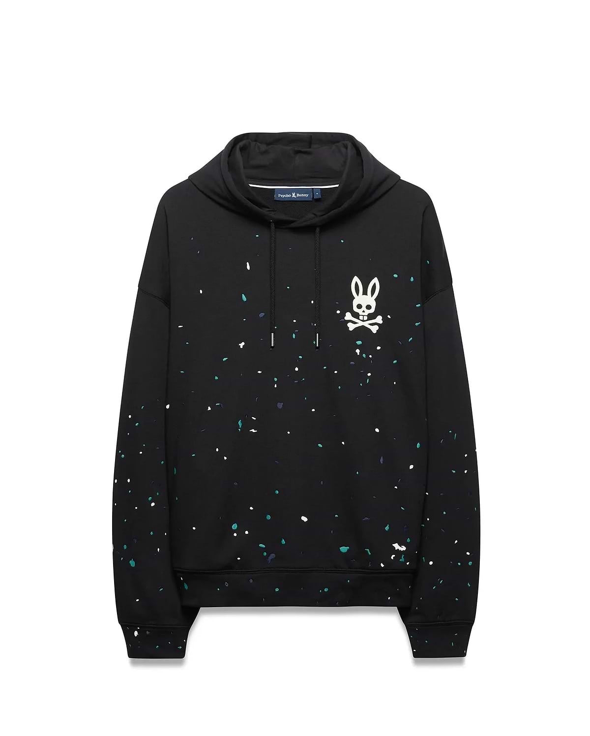 Mens Malcom Splatter Hoodie, black relaxed fit French terry hoodie with a vibrant teal, white, and dark blue splatter print, featuring a large white Psycho Bunny skull logo on the left chest and drawstring hood.