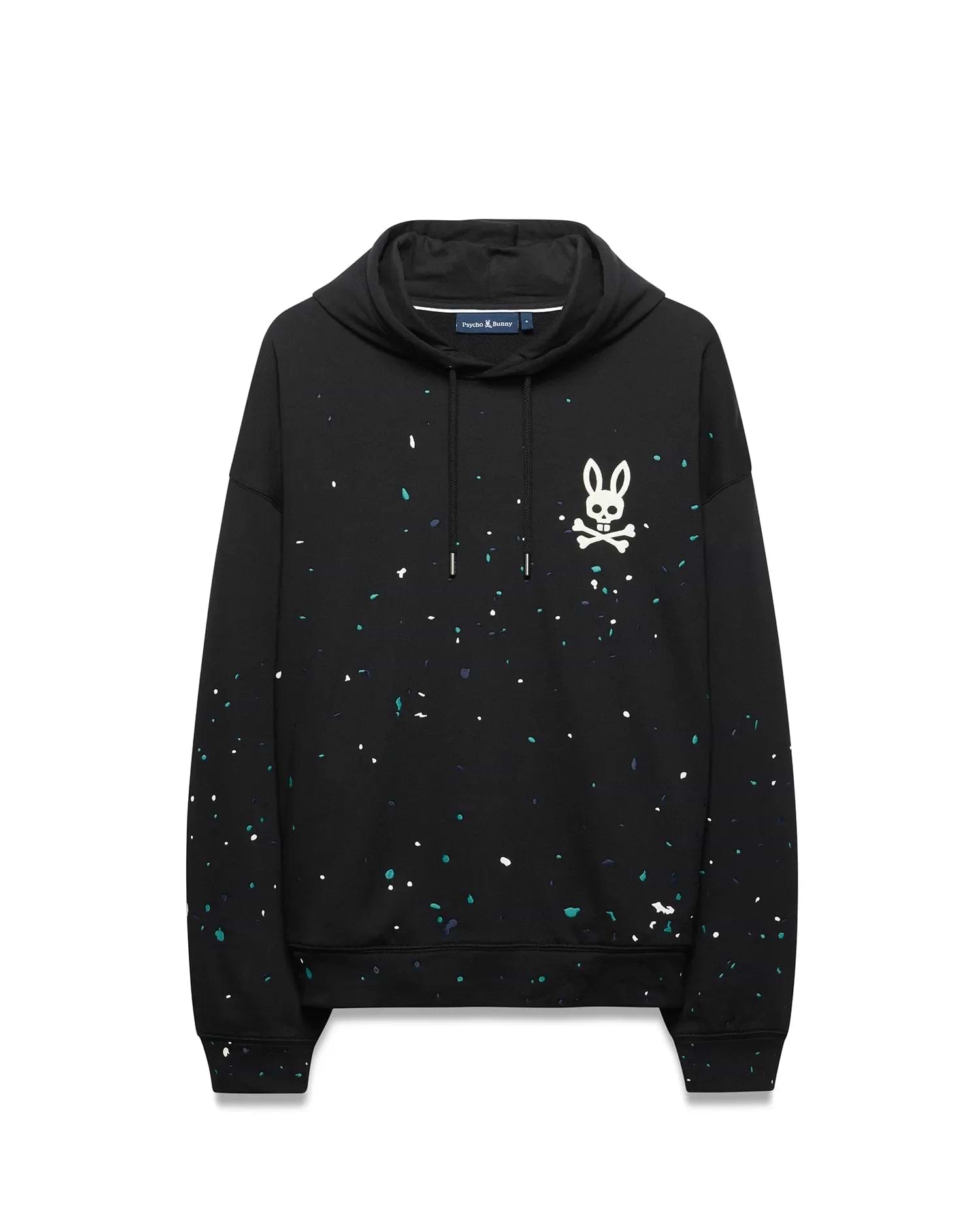 Mens Malcom Splatter Hoodie, black relaxed fit French terry hoodie with a vibrant teal, white, and dark blue splatter print, featuring a large white Psycho Bunny skull logo on the left chest and drawstring hood.
