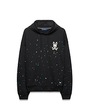 Mens Malcom Splatter Hoodie, black relaxed fit French terry hoodie with a vibrant teal, white, and dark blue splatter print, featuring a large white Psycho Bunny skull logo on the left chest and drawstring hood.