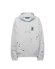 Mens Malcom Splatter Hoodie, a grey relaxed fit French terry hoodie with black, pink, and red splatter paint, featuring an embroidered black Psycho Bunny skull logo on the left chest.