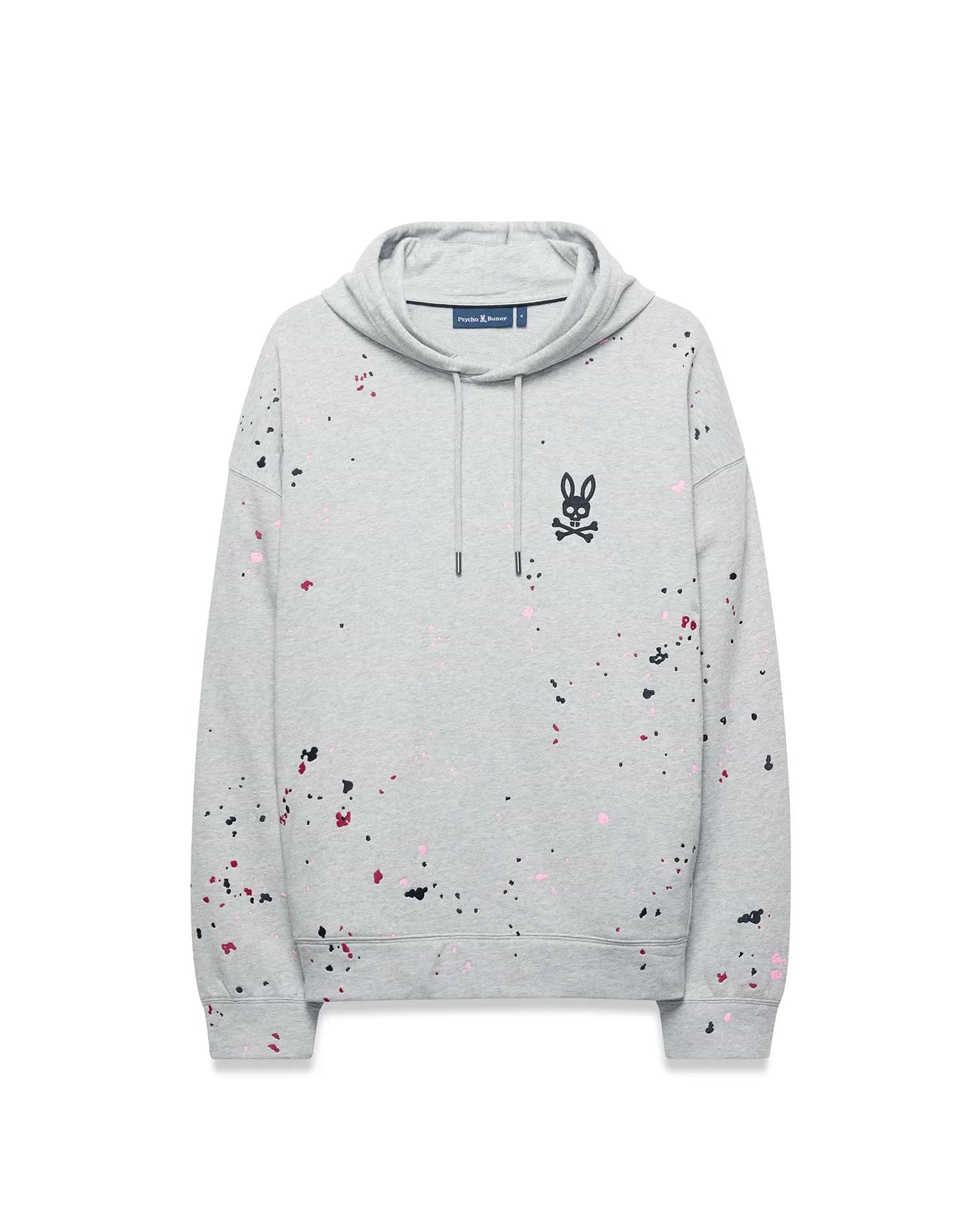 Mens Malcom Splatter Hoodie, a grey relaxed fit French terry hoodie with black, pink, and red splatter paint, featuring an embroidered black Psycho Bunny skull logo on the left chest.
