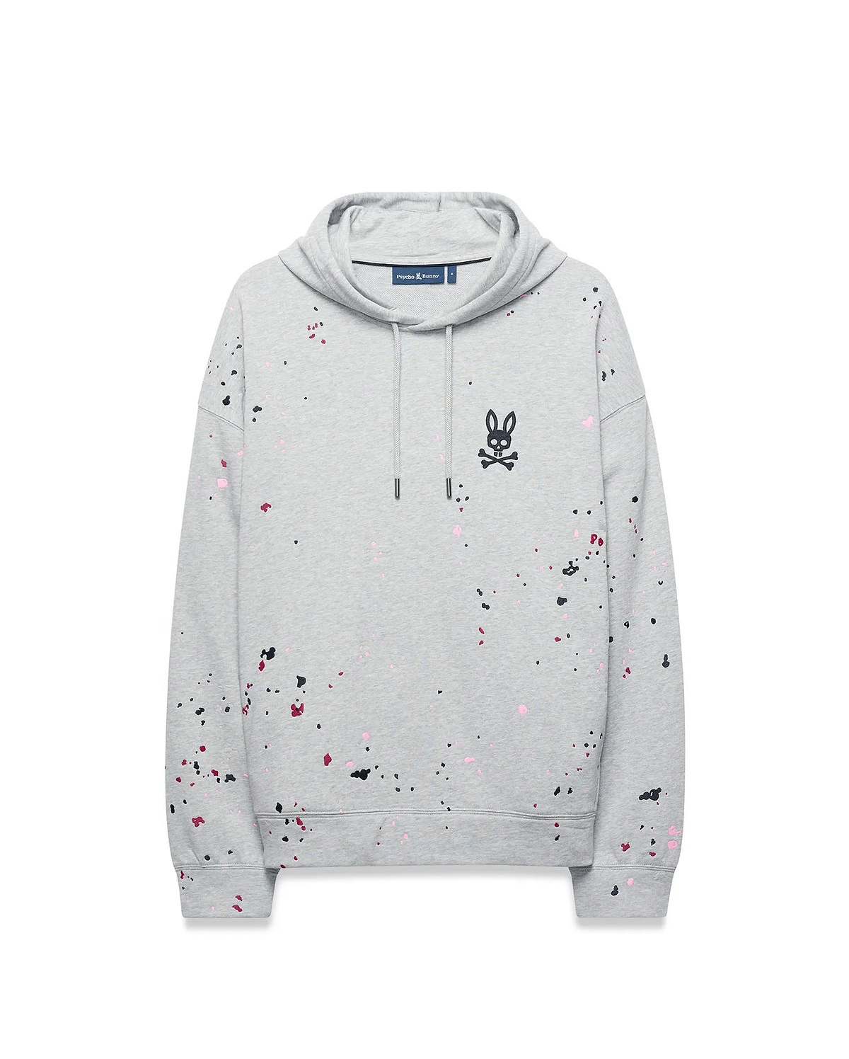 Mens Malcom Splatter Hoodie, a grey relaxed fit French terry hoodie with black, pink, and red splatter paint, featuring an embroidered black Psycho Bunny skull logo on the left chest.