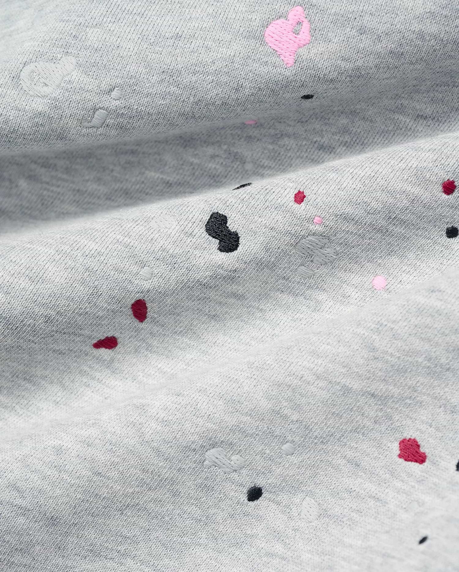 Mens Malcom Splatter Hoodie in grey french terry, featuring an embroidered splatter pattern in pink, black, and red, subtly integrating the iconic Psycho Bunny skull logo.