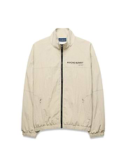 Light beige Mens Alder Nylon Jacket, a classic fit crinkled nylon jacket with full black zip, stand collar, zippered side pockets, elastic cuffs/hem, and a black Psycho Bunny chest logo. (6)