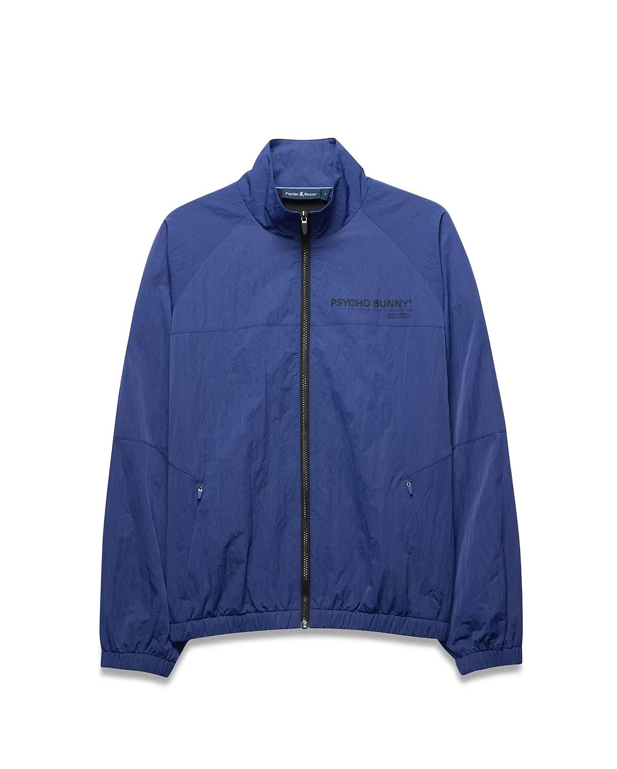 Mens Alder Nylon Jacket, a royal blue full-zip jacket with a crinkled texture, features a stand collar, elastic cuffs/hem, zippered pockets, and a large black PSYCHO BUNNY® DESIGNED FOR DISRUPTION text logo on the chest. (5)