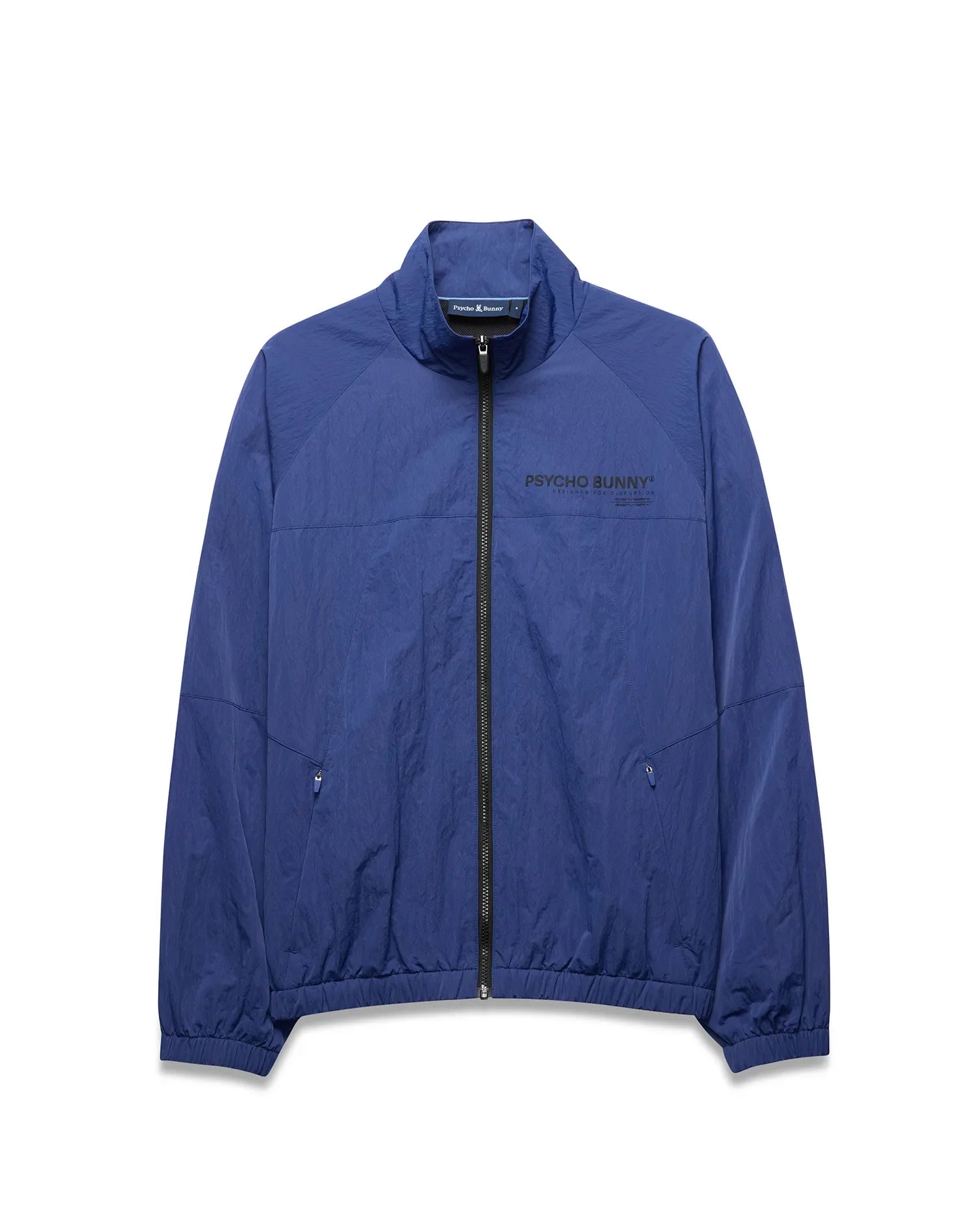 Mens Alder Nylon Jacket, a royal blue full-zip jacket with a crinkled texture, features a stand collar, elastic cuffs/hem, zippered pockets, and a large black PSYCHO BUNNY® DESIGNED FOR DISRUPTION text logo on the chest. (5)